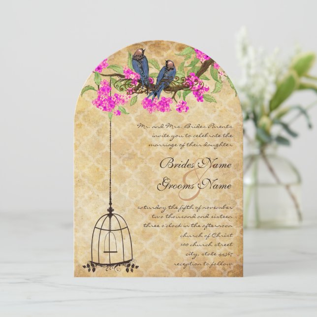 Invitation Rustique Vintage Fuchsia Inséparable Mariage Birdc (Debout devant)