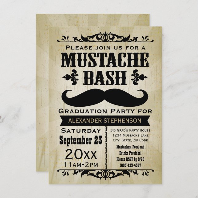 Invitation Rustique Vintage Mustache Bash Parti de Graduation (Devant / Derrière)