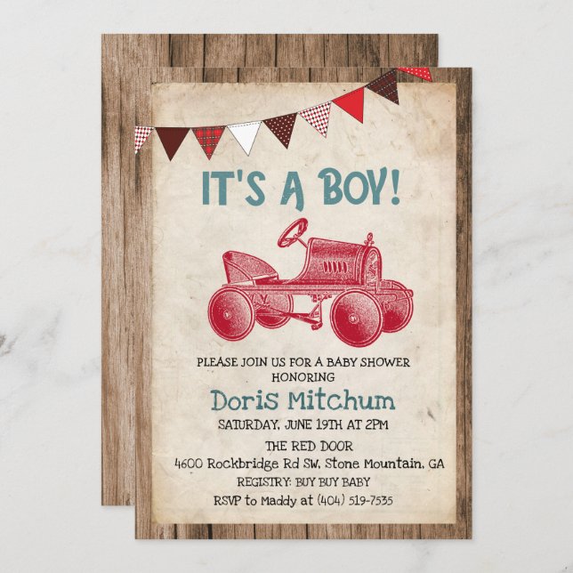 Invitation Rustique Vintage Tracteur Baby shower garçon Invit (Devant / Derrière)