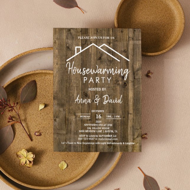Invitation Rustique Vintage Woodgrain Moderne Fête de Ménage (Rustic Vintage Woodgrain Modern Housewarming Party Invitation open houses or holiday gatherings)