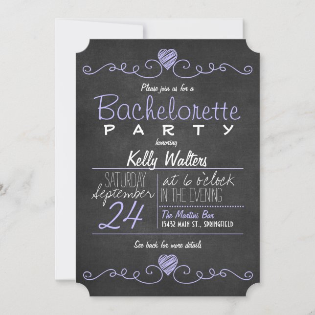 Invitation Rustique violet, Bachelorette en tableau blanc (Devant)