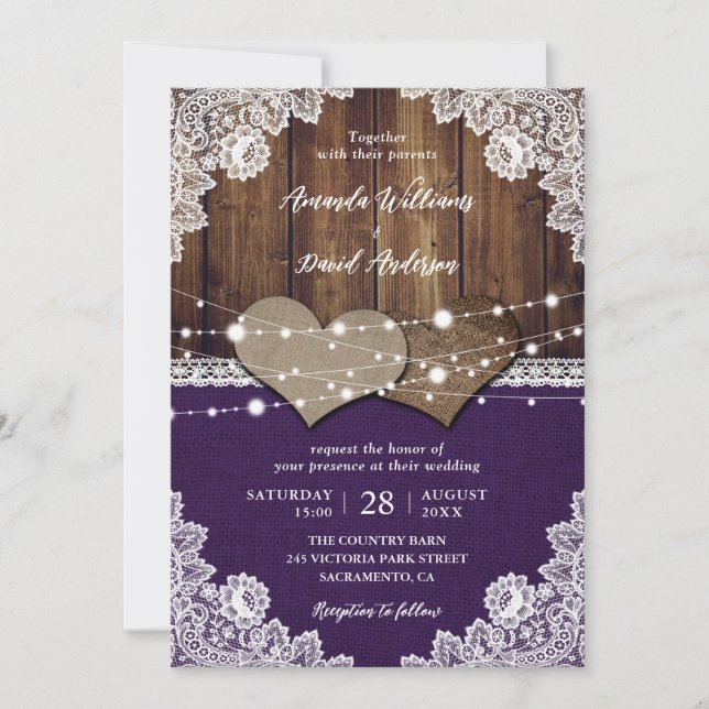 Invitation Rustique violet grange bois Burlap Mariage dentell (Devant)