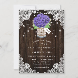 Invitation Rustique violet Hydrangea Mariage dentelle en bois