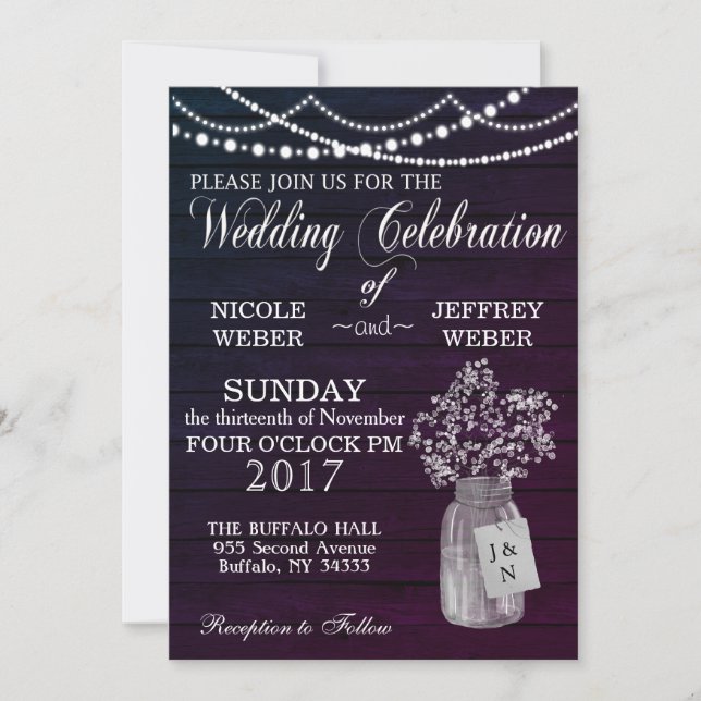 Invitation Rustique violet Mariage Bois Mason Jar Babys Respi (Devant)