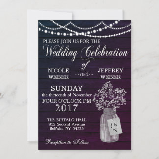 Invitation Rustique violet Mariage Bois Mason Jar Babys Respi