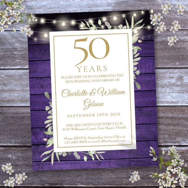 Invitation Rustique Violet pour le 50e Anniversair (Budget 50th Anniversary Purple Rustic Invitation)