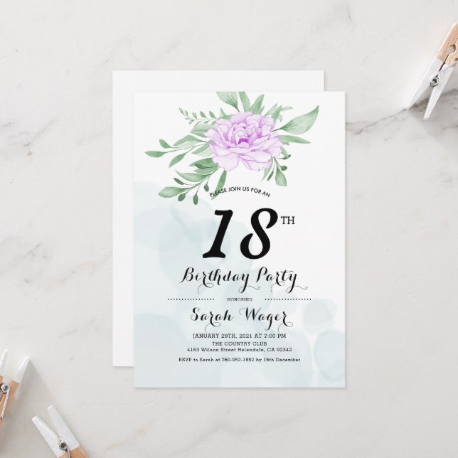 Invitation Rustique violet Rose Feuille verdure 18e anniversa (Devant/Arrière en situation)