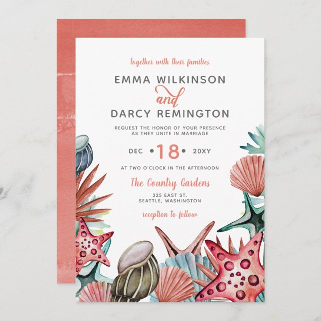 Invitation Rustique Watercolor Seashells Starfish Beach Maria (Devant / Derrière)