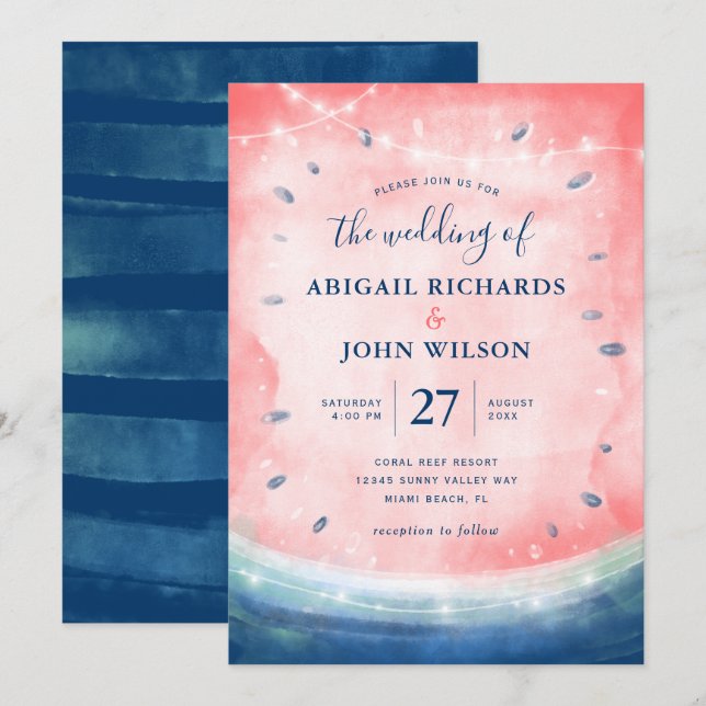 Invitation Rustique Watermelon Marine rose Élégant Mariage d' (Devant / Derrière)