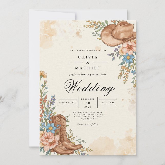 Invitation Rustique Western Bloom Mariage florissant (Devant)