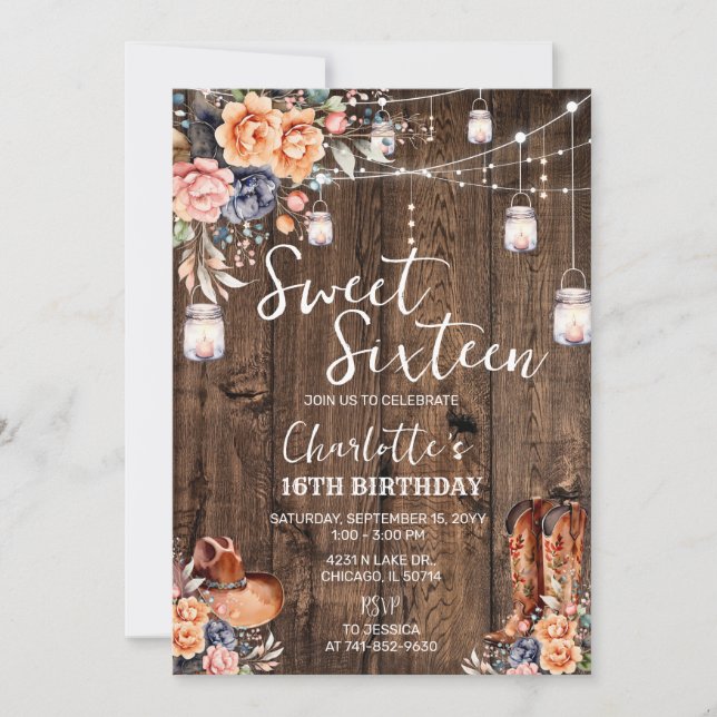 Invitation Rustique Western Sweet Sixteen (Devant)