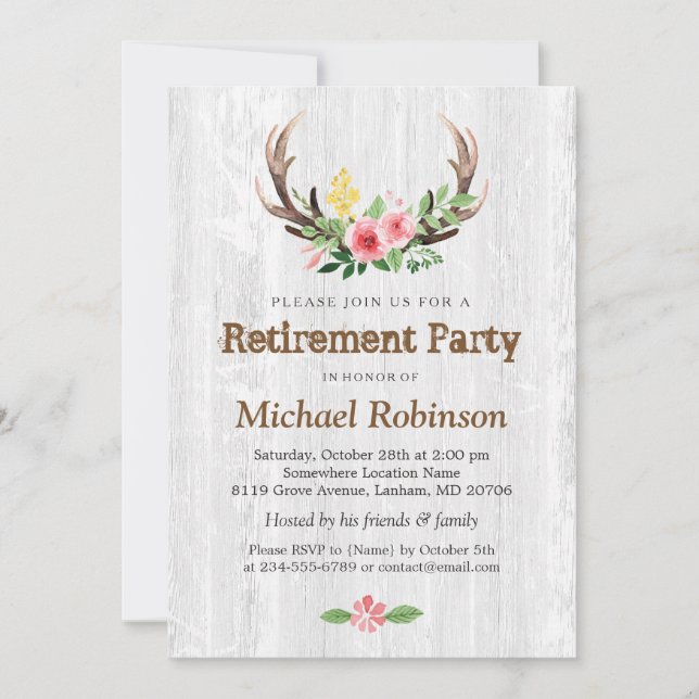 Invitation Rustique White Bois Cerf Antler Parti de retraite (Devant)