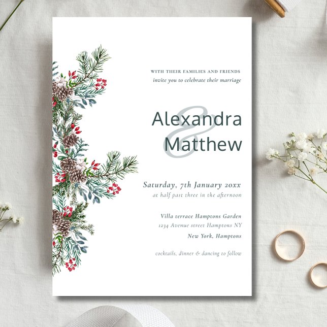 Invitation Rustique Winter Holly Berries Mariage (Rustic Winter Holly Berries Wedding Invitation)