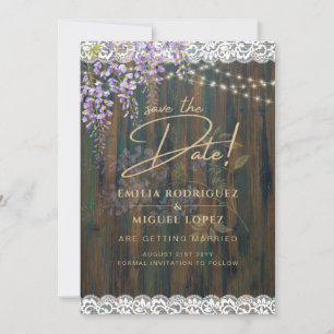 Invitation Rustique Wisteria Wood Lights Mariage Date de sauv
