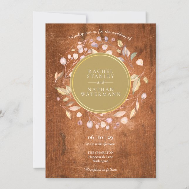 Invitation Rustique Wood Laurel Garland Faux Gold Foil Mariag (Devant)