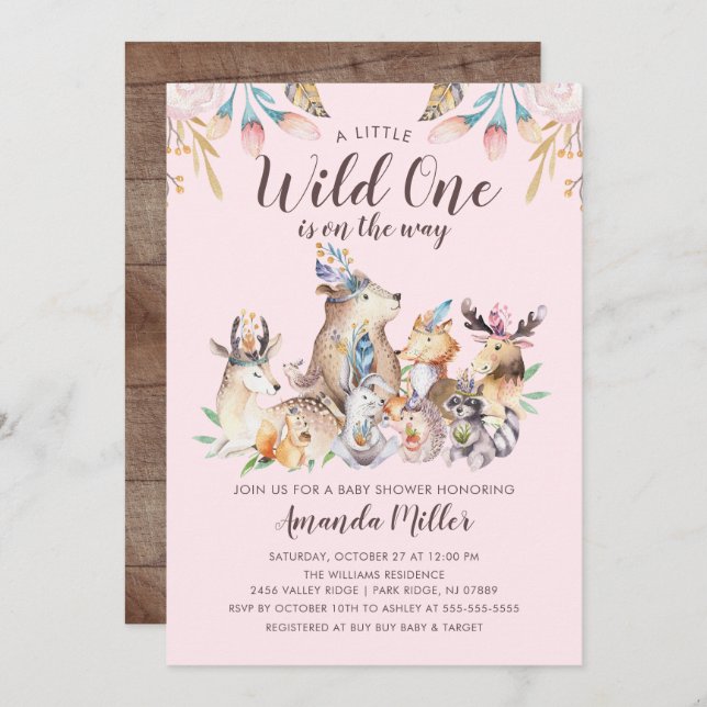 Invitation Rustique Woodland amis Wild One Girls Baby shower (Devant / Derrière)