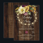 Invitation Rustique Woodsy Lighted Wreath 40e fête d'annivers<br><div class="desc">Style rustique,  imbriqué,  orné d'une couronne de brindilles ornée de fleurs blanc cassé,  bordeaux et doré "fête du 40e anniversaire" sur un arrière - plan en faux bois teinté foncé. Ce design composite boisé rustique de Holiday Hearts Designs (droits réservés).</div>
