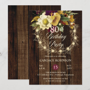 Invitation Rustique Woodsy Lighted Wreath 80e fête d'annivers