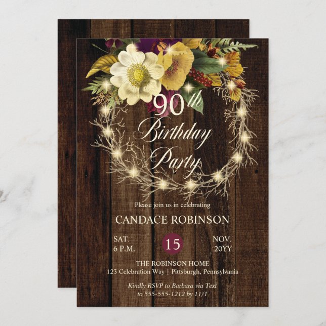 Invitation Rustique Woodsy Lighted Wreath 90e fête d'annivers (Devant / Derrière)