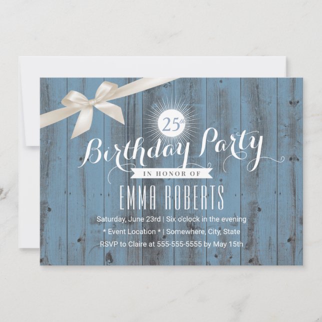 Invitation Rusty Blue Classy ivoire Ribbon fête d'anniversair (Devant)