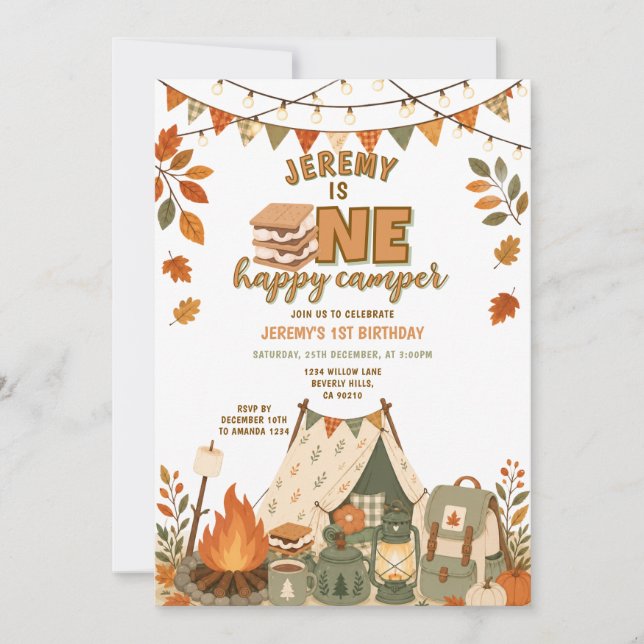 Invitation S’mores Camping Garçon Camp Party Floral Automne (Devant)