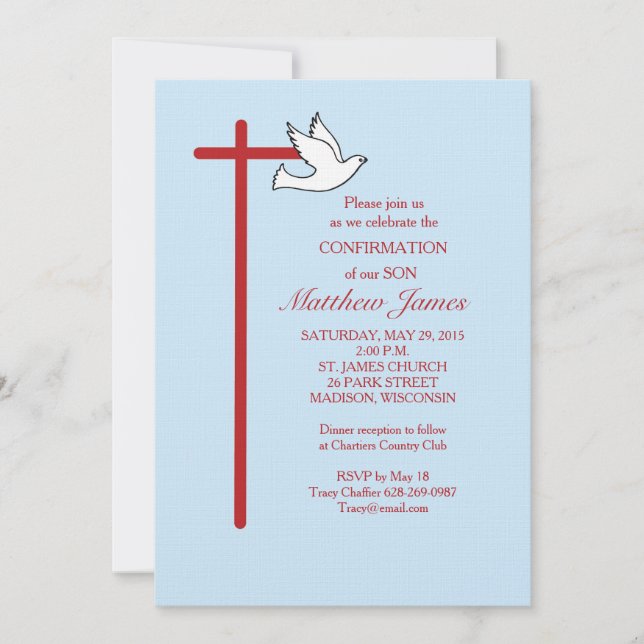 Invitation Sa Croix de Confirmation Colombe Bleue (Devant)