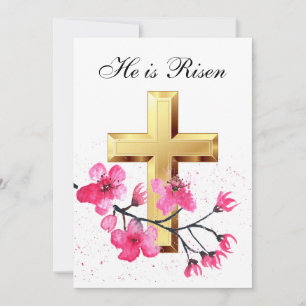 Invitation Sa est Ressuscité Aquarelle Croix de Fleur de Pâqu