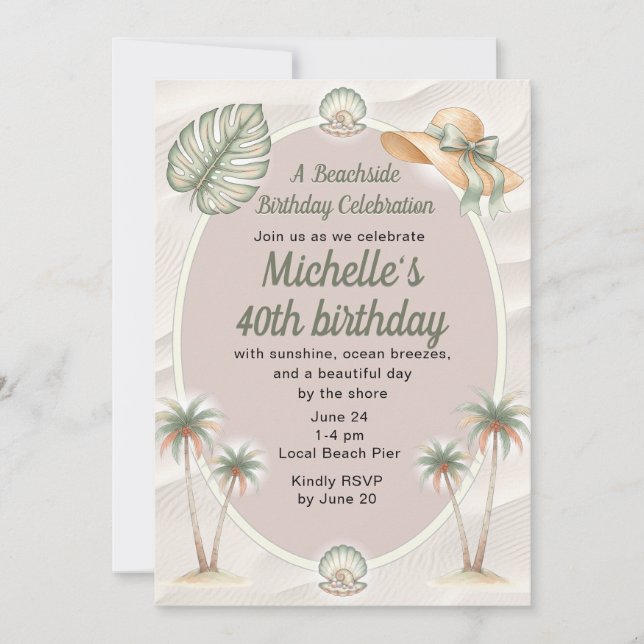 Invitation Sable de Plage Palmiers Tropicaux 40e Anniversaire (Devant)