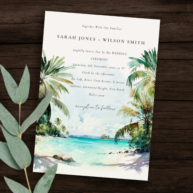 Invitation Sable Tropical Beach Aquarelle Palm Trees Mariage (Créateur téléchargé)