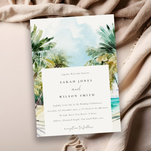 Invitation Sable Tropical Beach Aquarelle Palm Trees Mariage (Créateur téléchargé)