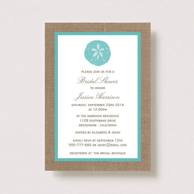 Invitation Sable Turquoise Dollar Plage Burlap Fête des marié (Créateur téléchargé)
