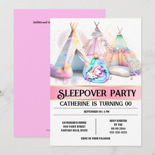 Invitation Sac de couchage Unicorne teepee rose blanc poupée (Devant / Derrière)