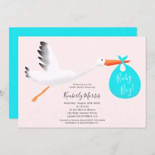 Invitation Sacoche rose cigogne illustration bébé douche