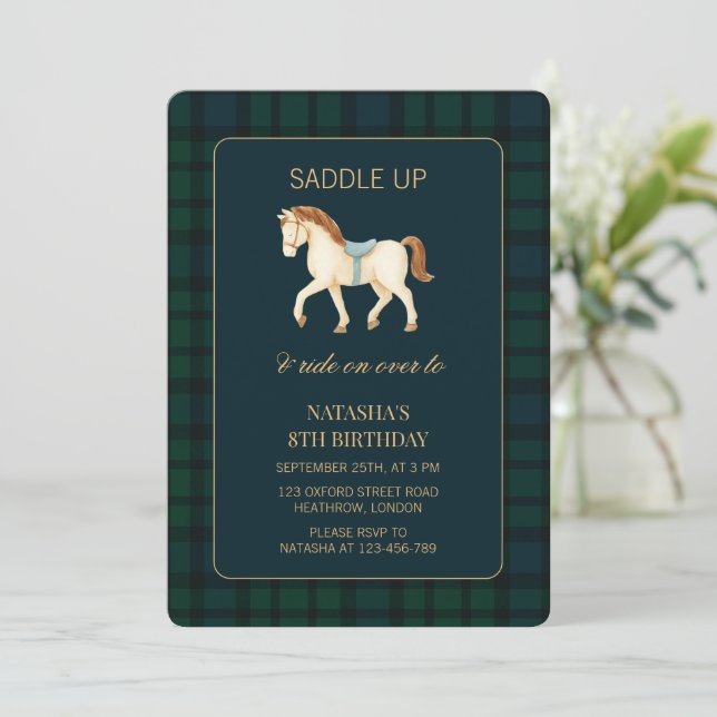 Invitation Saddle Up Preppy Horse Birthday  (Debout devant)