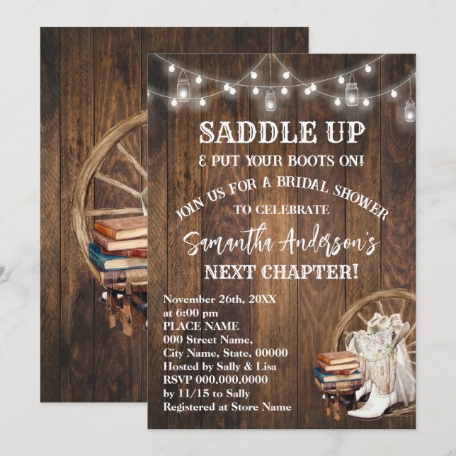 Invitation Saddle Up Put Your Boots & Books Bridal Shower (Devant / Derrière)