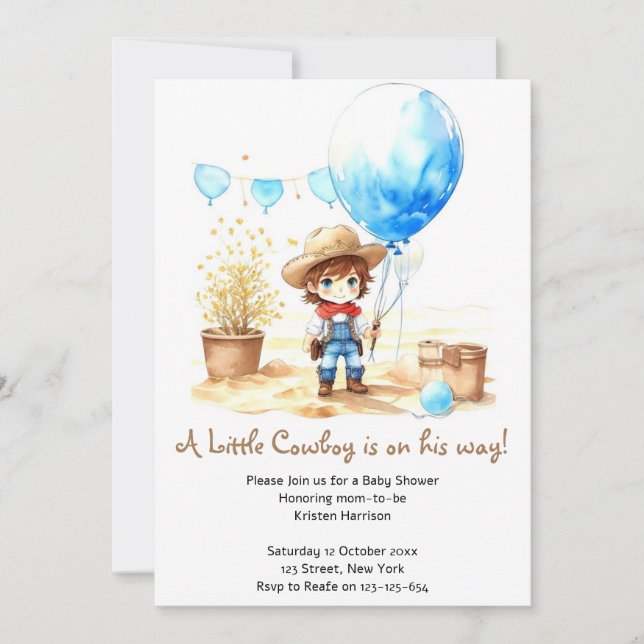 Invitation Saddup : Aquarelle Baby shower Western Cowboy (Devant)
