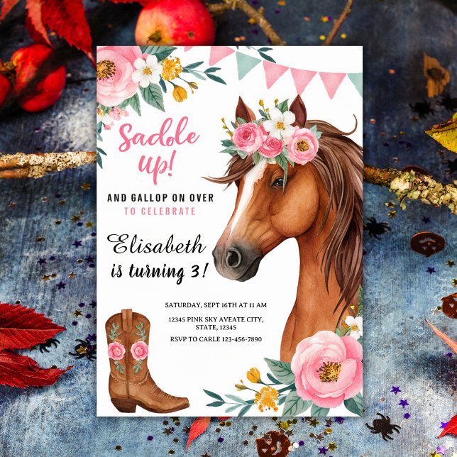 Invitation "Saddup" Bottes florales de chevaux et de filles ("Saddle Up" Floral Horse & Cowgirl Boots Birthday Invitation
)