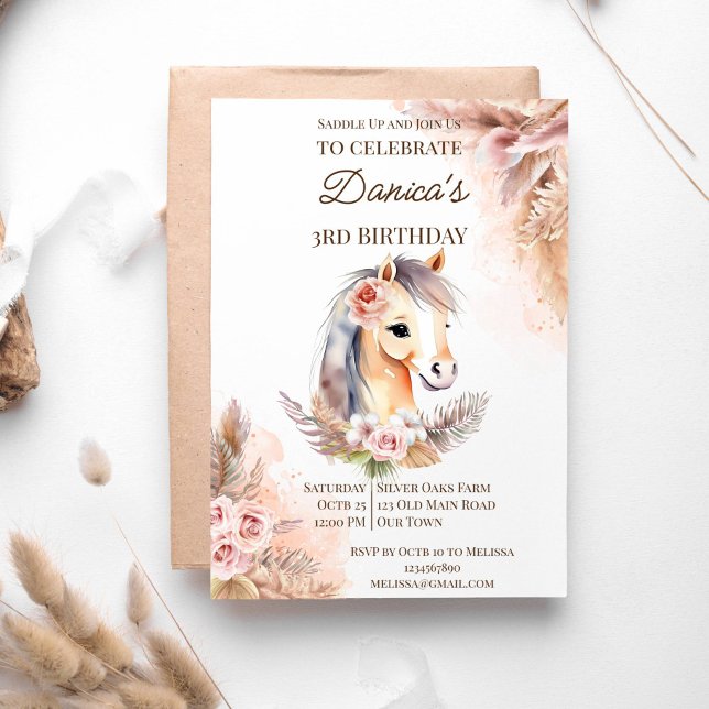 Invitation Saddup cheval cowgirl chevaux pony fête d'annivers (Saddle up horses cowgirl birthday party template invitation instant download boho pampas grass)