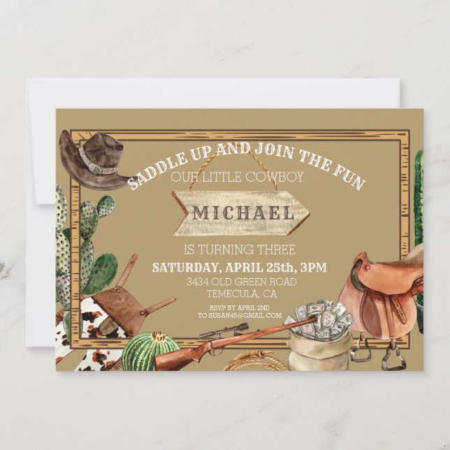 Invitation Saddup Cowboy Birthday Watercolor Western (Devant)
