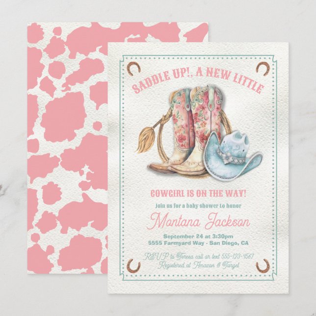 Invitation Saddup Floral Boots baby shower cowgirl (Devant / Derrière)