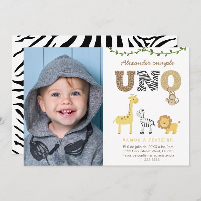 Invitation Safari 1ère fête d'anniversaire en espagnol, Prime (Devant / Derrière)