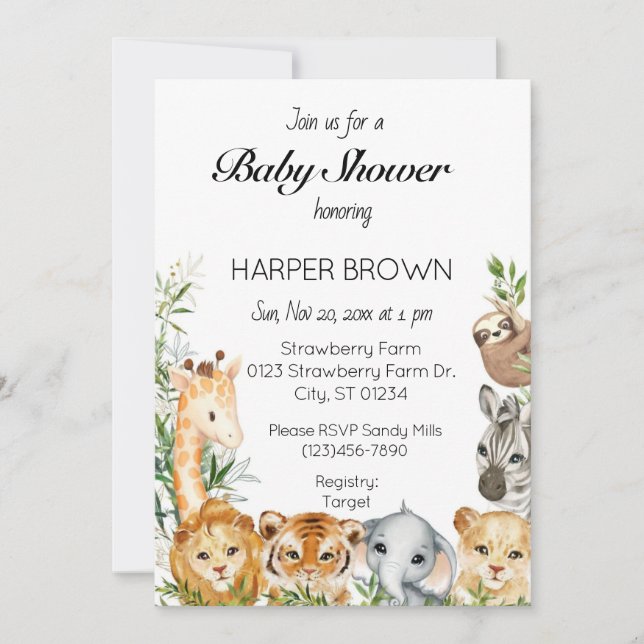 Invitation Safari animal baby shower  (Devant)