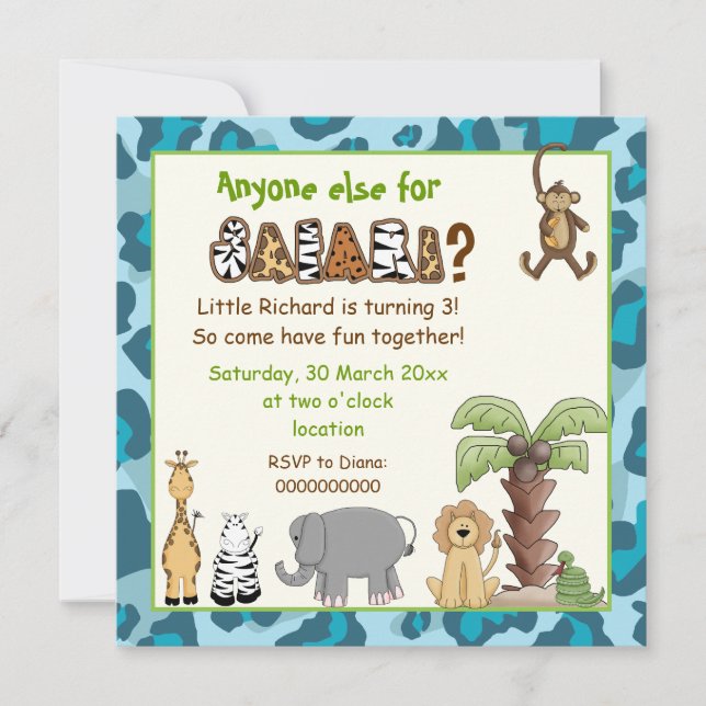 Invitation safari animal bleu Jungle anniversaire de enfant (Devant)