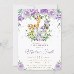 Invitation Safari animal de la jungle Baby shower floral viol