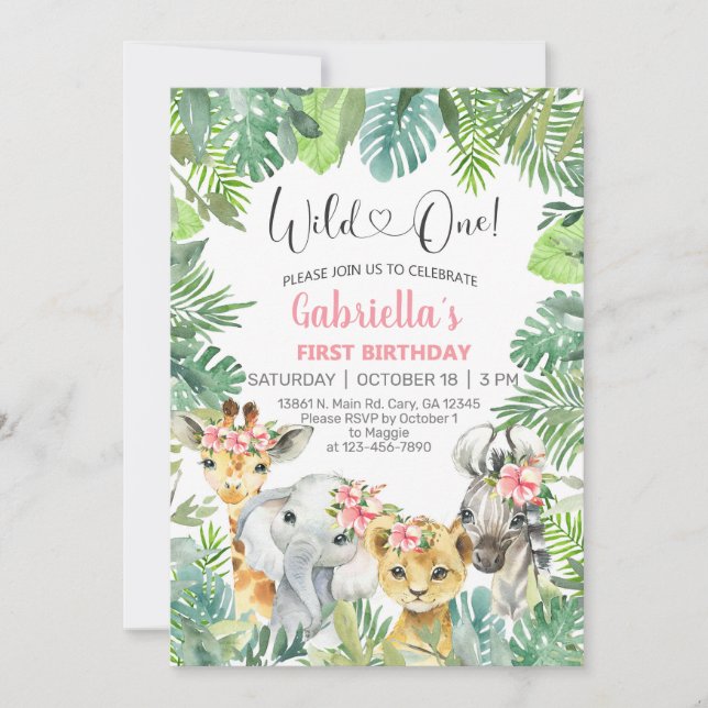 Invitation Safari animal fille 1er premier anniversaire invit (Devant)