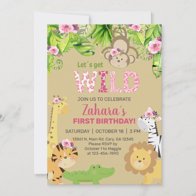 Invitation Safari animal fille 1er premier anniversaire invit (Devant)