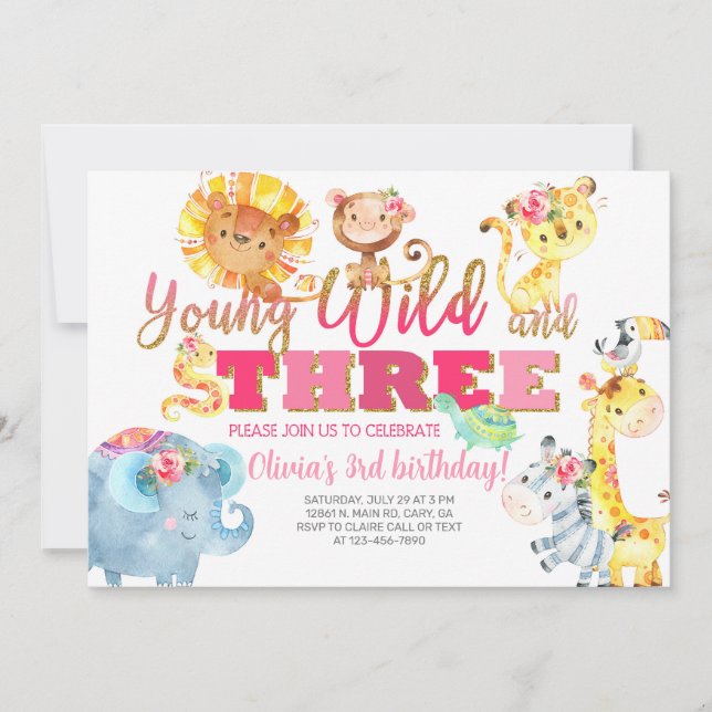 Invitation Safari animal fille 3ème anniversaire invitation. (Devant)