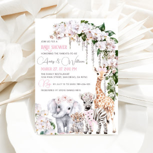 Invitation Safari Animal Tropical Baby shower rose Fleur