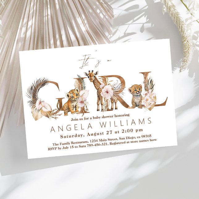 Invitation Safari Animal Tropical Floral Girl Baby shower (Créateur téléchargé)