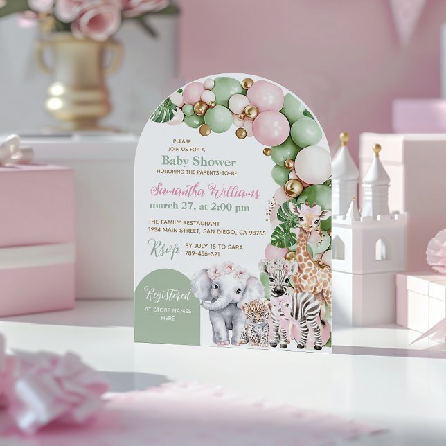 Invitation Safari animal Tropical vert rose bébé fille douche (Créateur téléchargé)